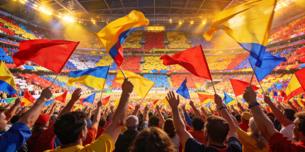 体育场馆内座无虚席，球迷们挥舞旗帜营造热烈氛围